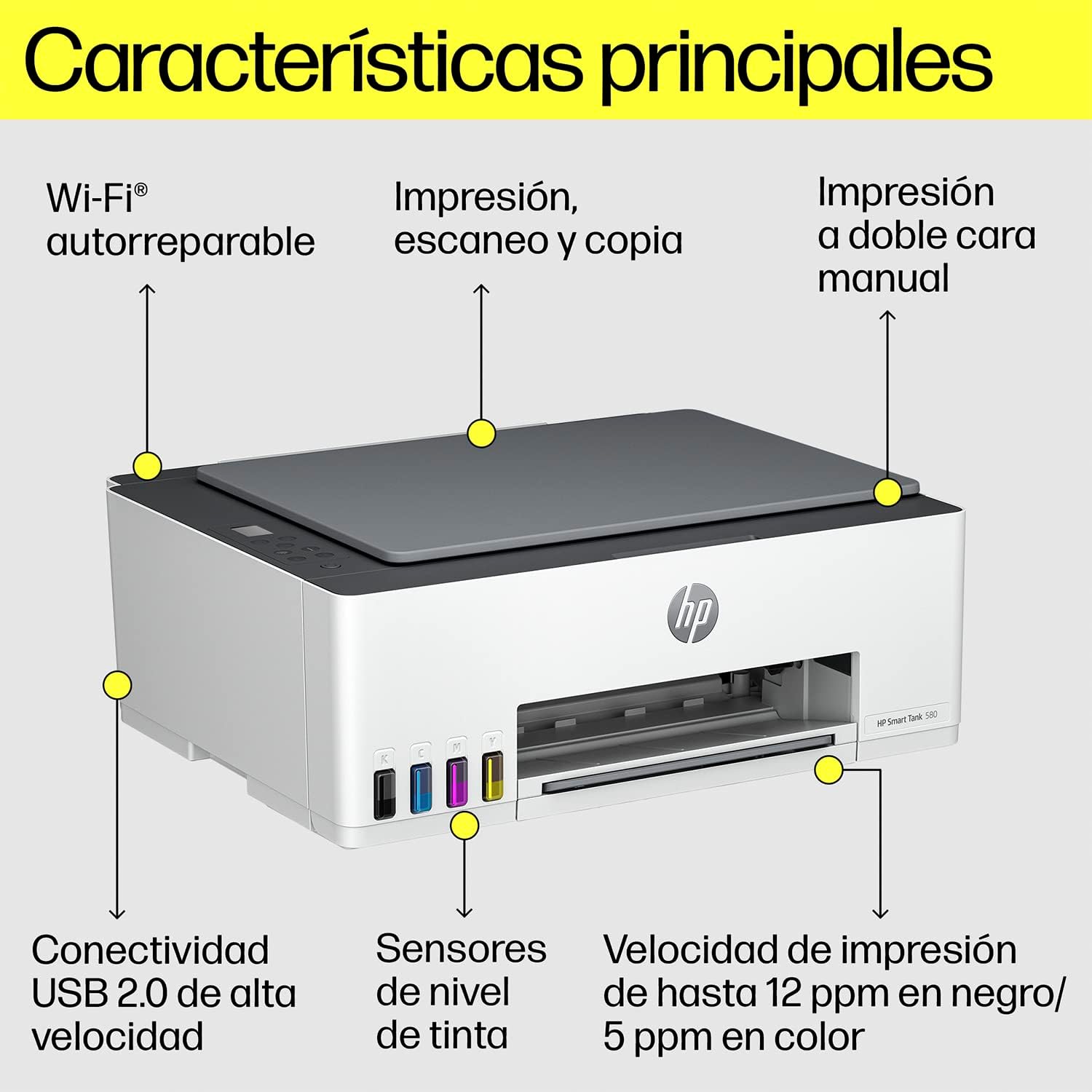 HP Impresora Multifuncional Smart Tank 585, Tinta Continua, Color, Wi-Fi, Dúplex (Doble Cara) Manual, Impresión Desde Smart App, hasta 2 años de Garantía* (1F3Y4A)