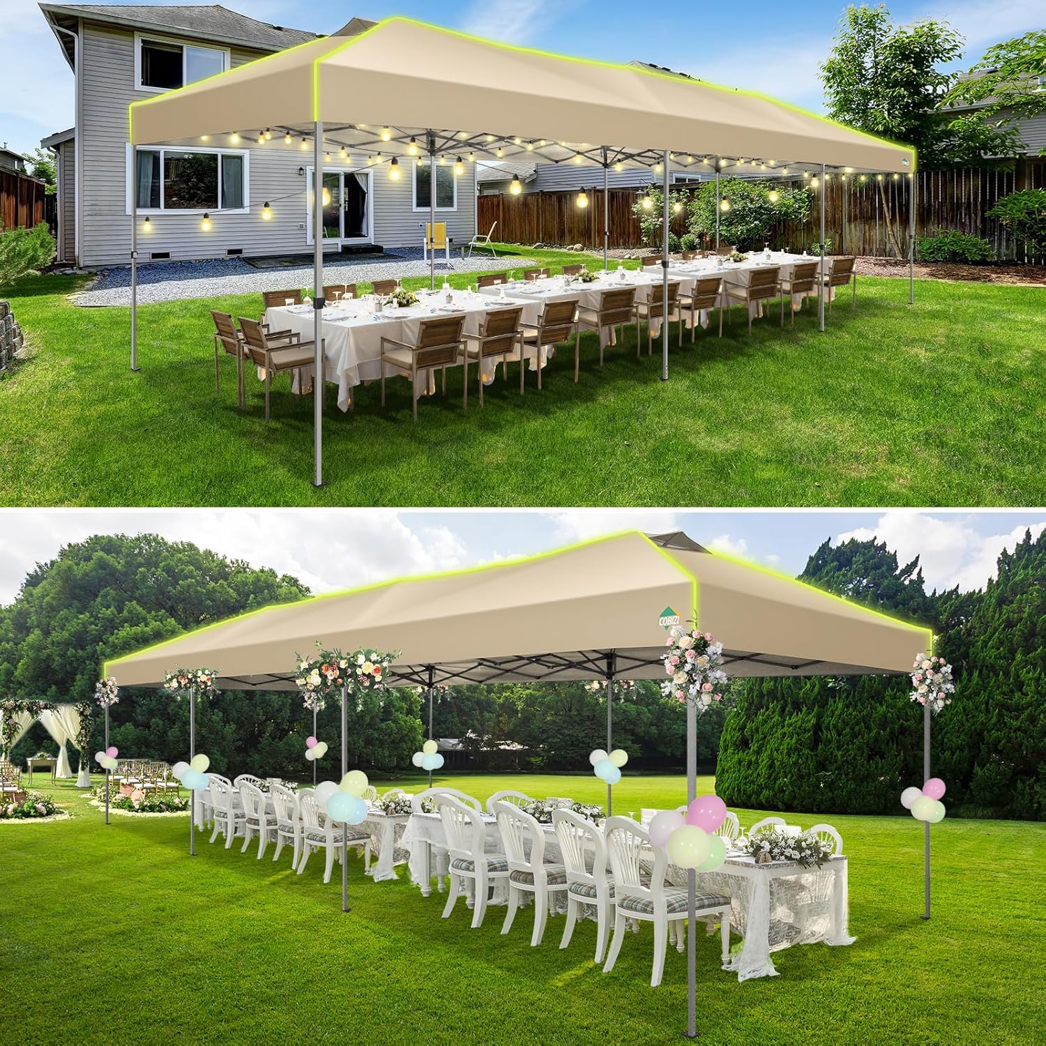 COBIZI - Tienda de campaña desplegable de 10 x 20 Pulgadas, Tienda de campaña instantánea Comercial para Bodas, Fiestas con 3 Altura Ajustable, toldo Ez Up para Exteriores, Impermeable, UPF50+ con