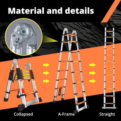 EvaStar - Escalera telescópica con marco A, escaleras telescópicas de aluminio ligeras con estabilizadores triangulares, barra estabilizadora y ruedas, escalera de extensión de capacidad de 350 libras
