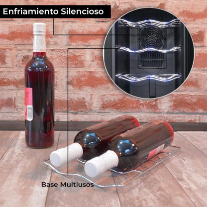 RACK & PACK Cava de Vinos para 8 Botellas 3 Rejillas Control de Temperatura Digital Iluminacion Led Azul Enfriador de Vinos Refrigerador para Vino Frigobar 8 – 18° C 55 W 22 L sin Vibraciones