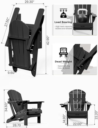 MUCHENGHY Sillas plegables Adirondack, sillas de patio, sillas para hogueras, sillas de exterior, sillas Adirondack de plástico, sillas de césped resistentes a la intemperie con portavasos para terraza, patio trasero, jardín (negro)