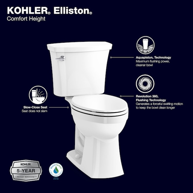 Inodoro de 2 piezas con cierre suave y altura de silla alargada blanca KOHLER Elliston WaterSense empotrable de 12 pulgadas, 1,28 GPF