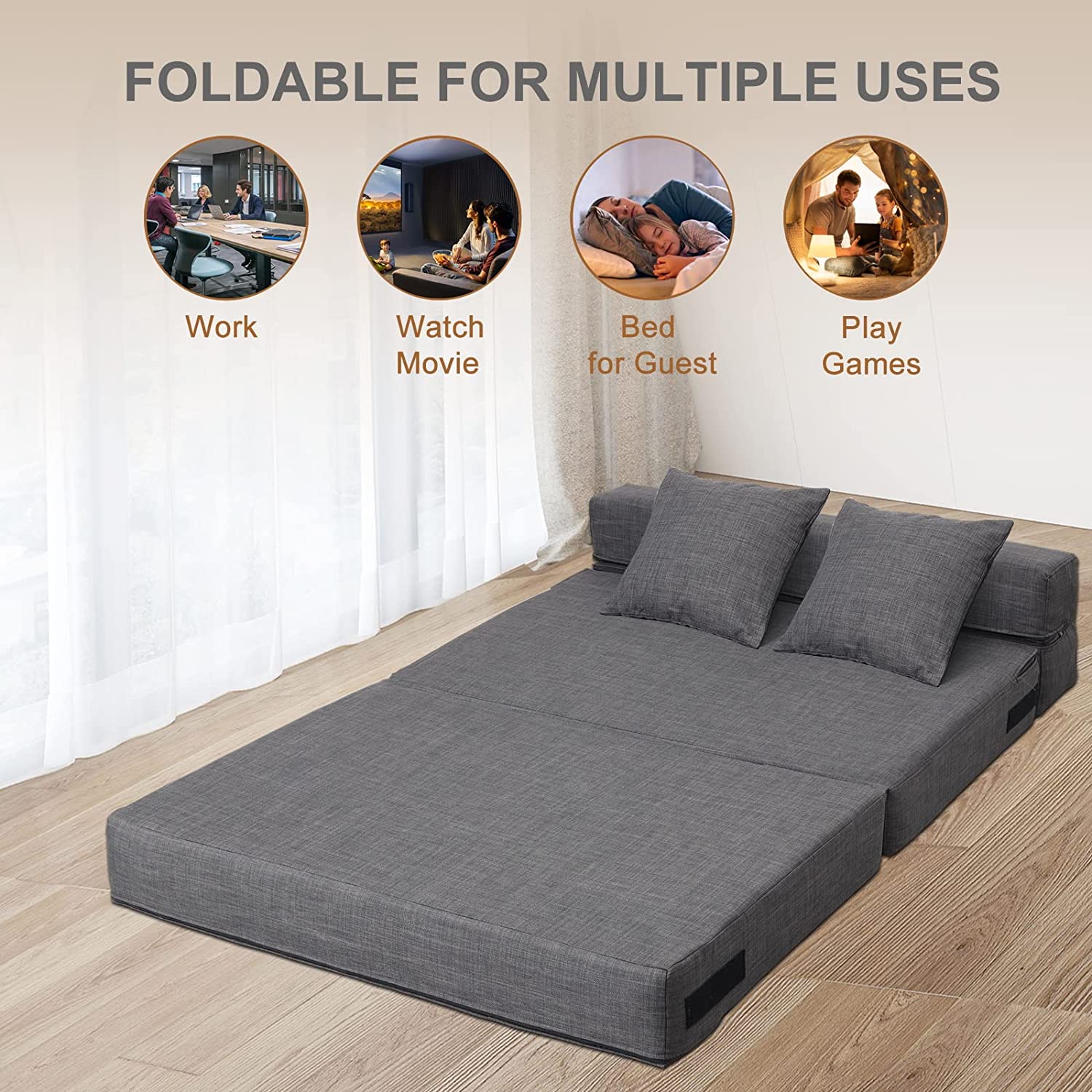 Nigoone - Sofá plegable tamaño Queen de espuma viscoelástica con 2 almohadas, sillón perezoso, triple futón, camas convertibles, funda lavable, gris oscuro
