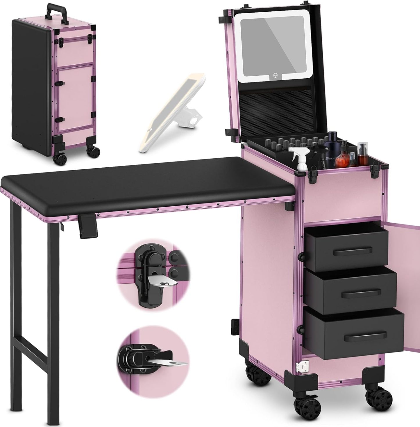 EASYINBEAUTY - Mesa de manicura portátil con 3 cajones, organizador de espejo y esmalte de uñas, estuche de tren de maquillaje con cerradura con computadora de uñas plegable, estuche de viaje