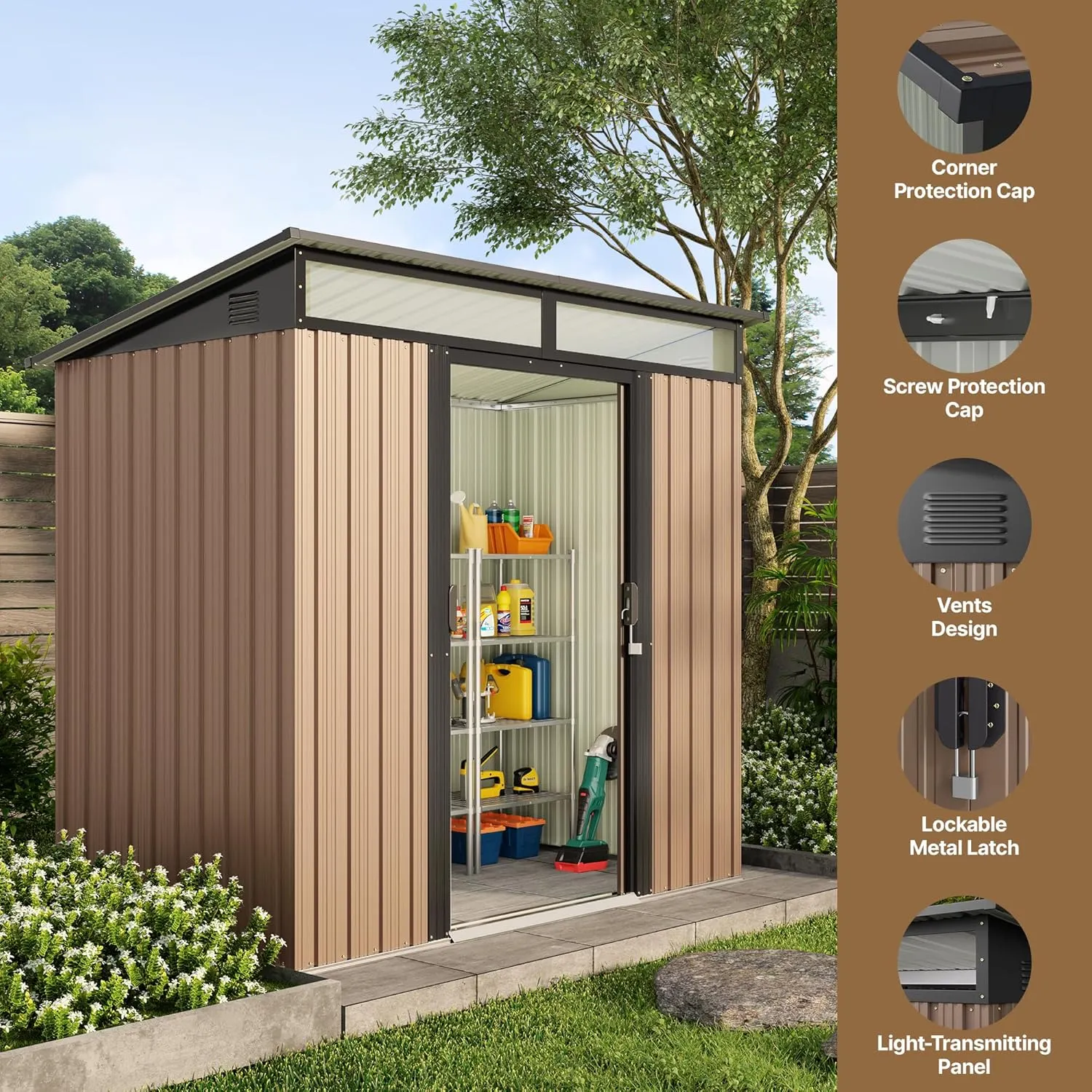 Gizoon - Cobertizo de almacenamiento para exteriores de metal de 6 x 4 pies, cobertizo de jardín con puertas correderas con cerradura, versátil cobertizo para bicicletas con ventanas de panel