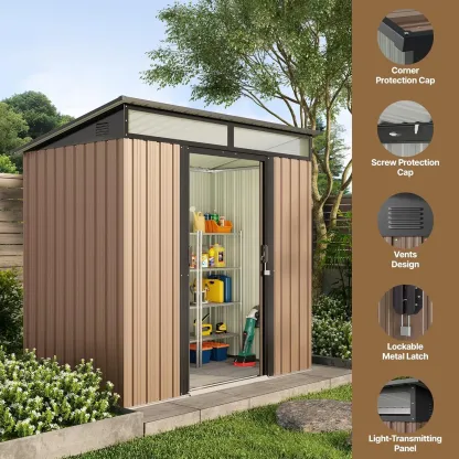Gizoon - Cobertizo de almacenamiento para exteriores de metal de 6 x 4 pies, cobertizo de jardín con puertas correderas con cerradura, versátil cobertizo para bicicletas con ventanas de panel