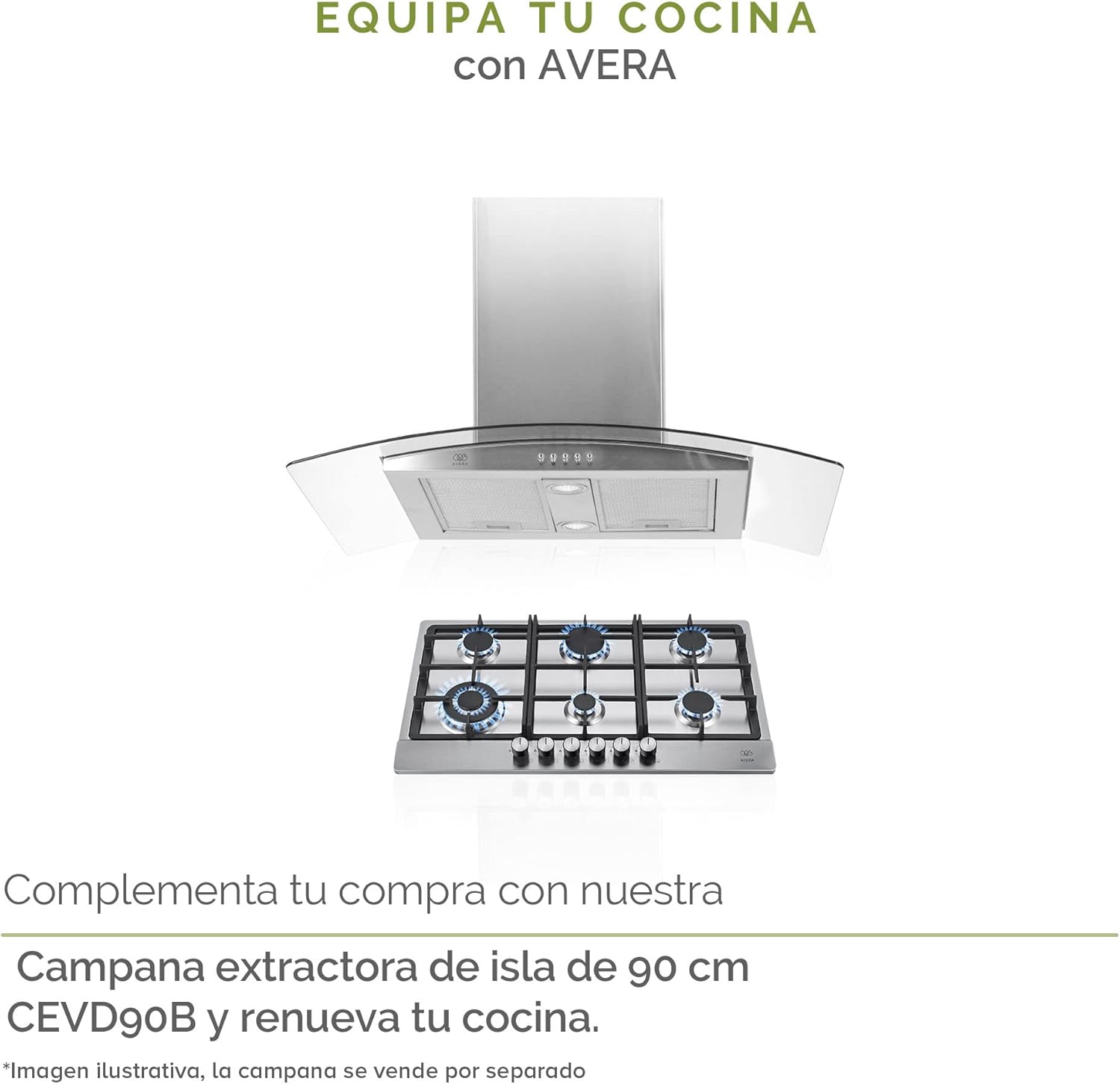 AVERA Parrilla de Gas 6 Quemadores 86cm, Acero Inoxidable Color Negro, Empotrable, Soportes de Hierro Fundido, Encendido Electronico, Estufa Empotrable, Compatible con Gas LP y Gas Natural, AI6N