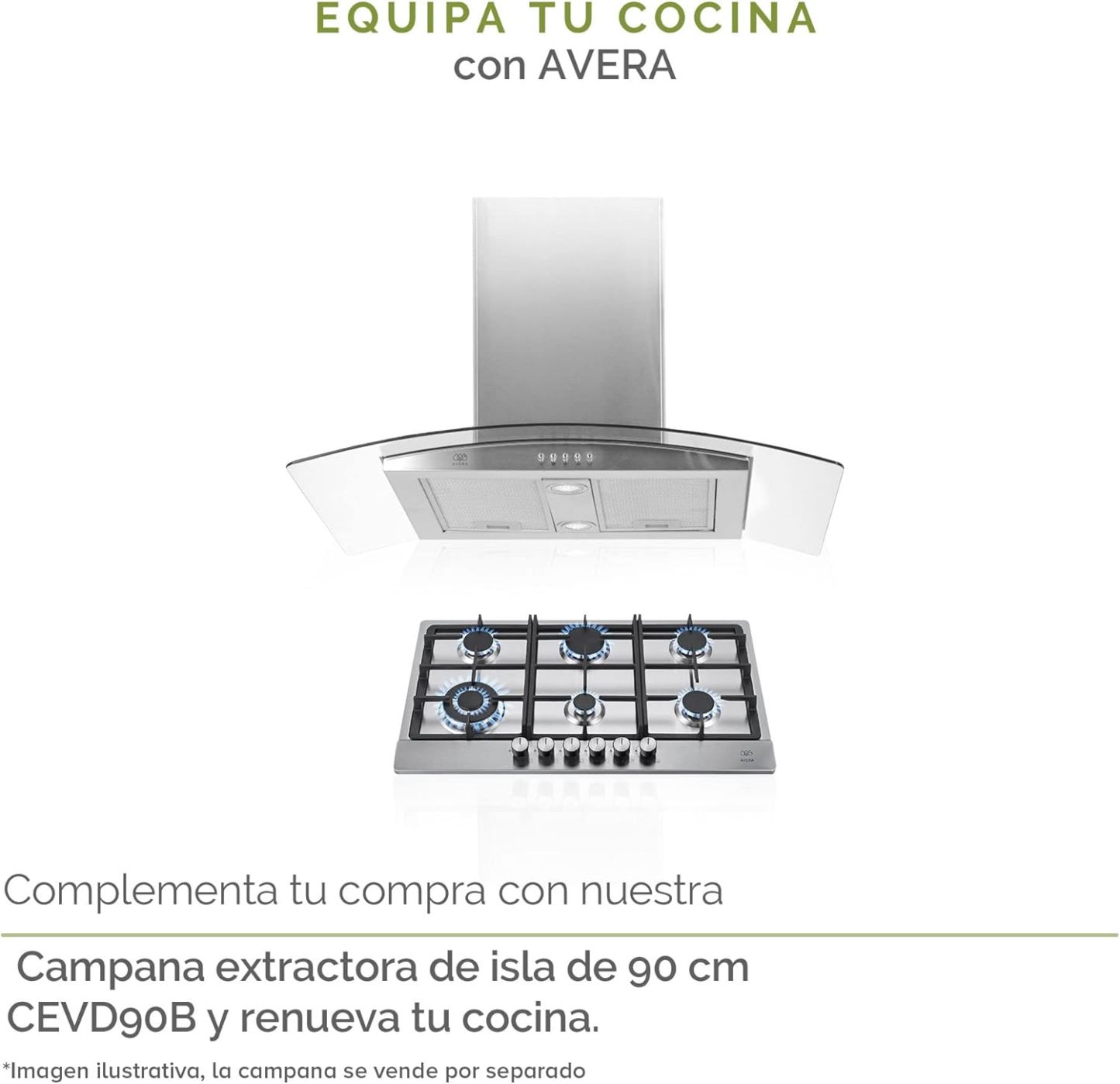 AVERA Parrilla de Gas 6 Quemadores 86cm, Acero Inoxidable Color Negro, Empotrable, Soportes de Hierro Fundido, Encendido Electronico, Estufa Empotrable, Compatible con Gas LP y Gas Natural, AI6N