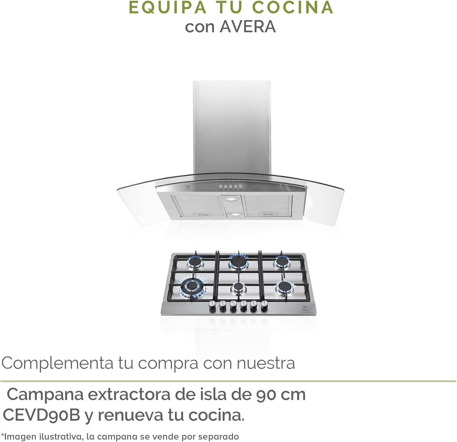 AVERA Parrilla de Gas 6 Quemadores 86cm, Acero Inoxidable Color Negro, Empotrable, Soportes de Hierro Fundido, Encendido Electronico, Estufa Empotrable, Compatible con Gas LP y Gas Natural, AI6N