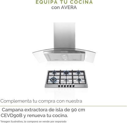AVERA Parrilla de Gas 6 Quemadores 86cm, Acero Inoxidable Color Negro, Empotrable, Soportes de Hierro Fundido, Encendido Electronico, Estufa Empotrable, Compatible con Gas LP y Gas Natural, AI6N