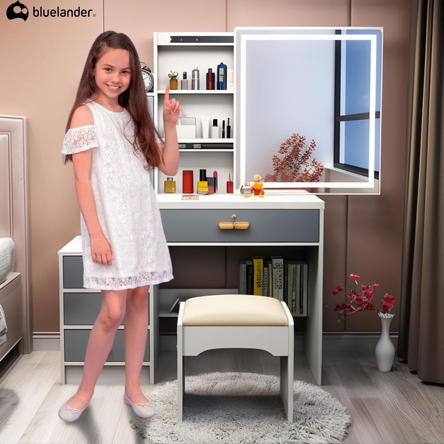 Bluelander Tocador De Niña, Tocador Vanity, Tocador para Niña, Vanity Tocador Hollywood, Tocador de Maquillaje con 4 Cajones, Estantes Ocultos, Incluye Taburete Acolchado, Espejo Led (Gris Claro)