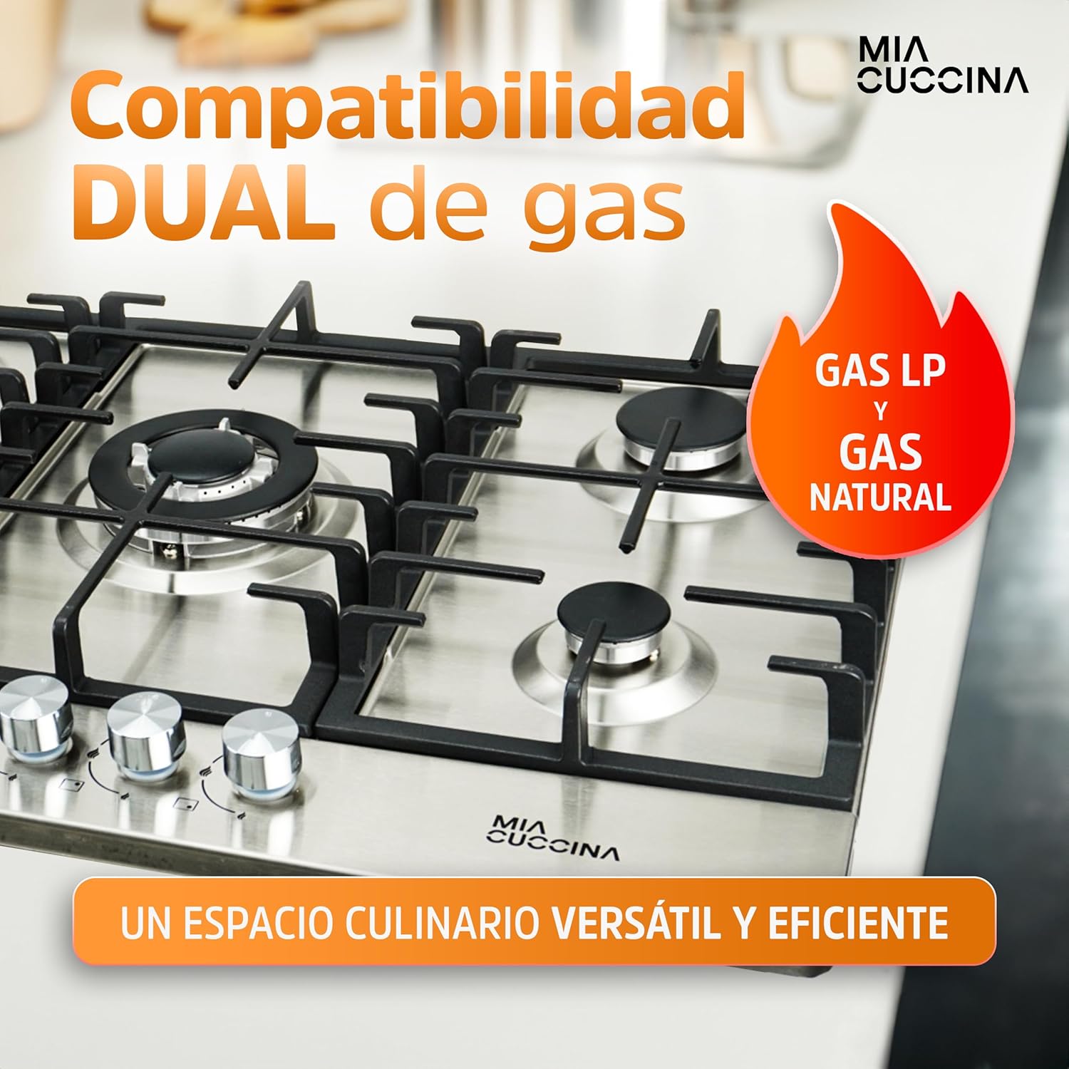 Parrilla de Gas - Estufa Empotrable - Natural o LP | Estufa 5 Quemadores - Ideal para tu Hogar | Parrilla de Gas 5 Quemadores de Acero Inoxidable | Perfecta para Cocina Integral | MIA CUCCINA 63x53