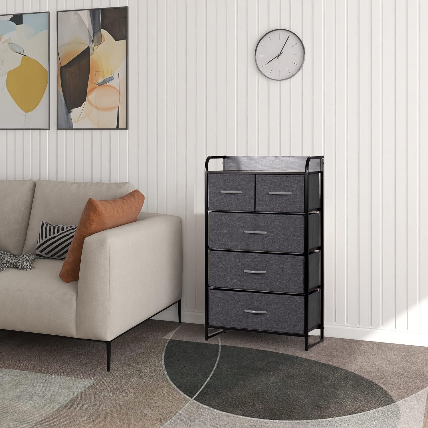 MU:4LIFE Cómoda De 5 Cajones Almacenamiento para Hogar Y Oficina, Organizador Cajonera De Estructura Metal y Cajones De Tela Lino Poliéster y Tela No Tejida (Gris Claro)