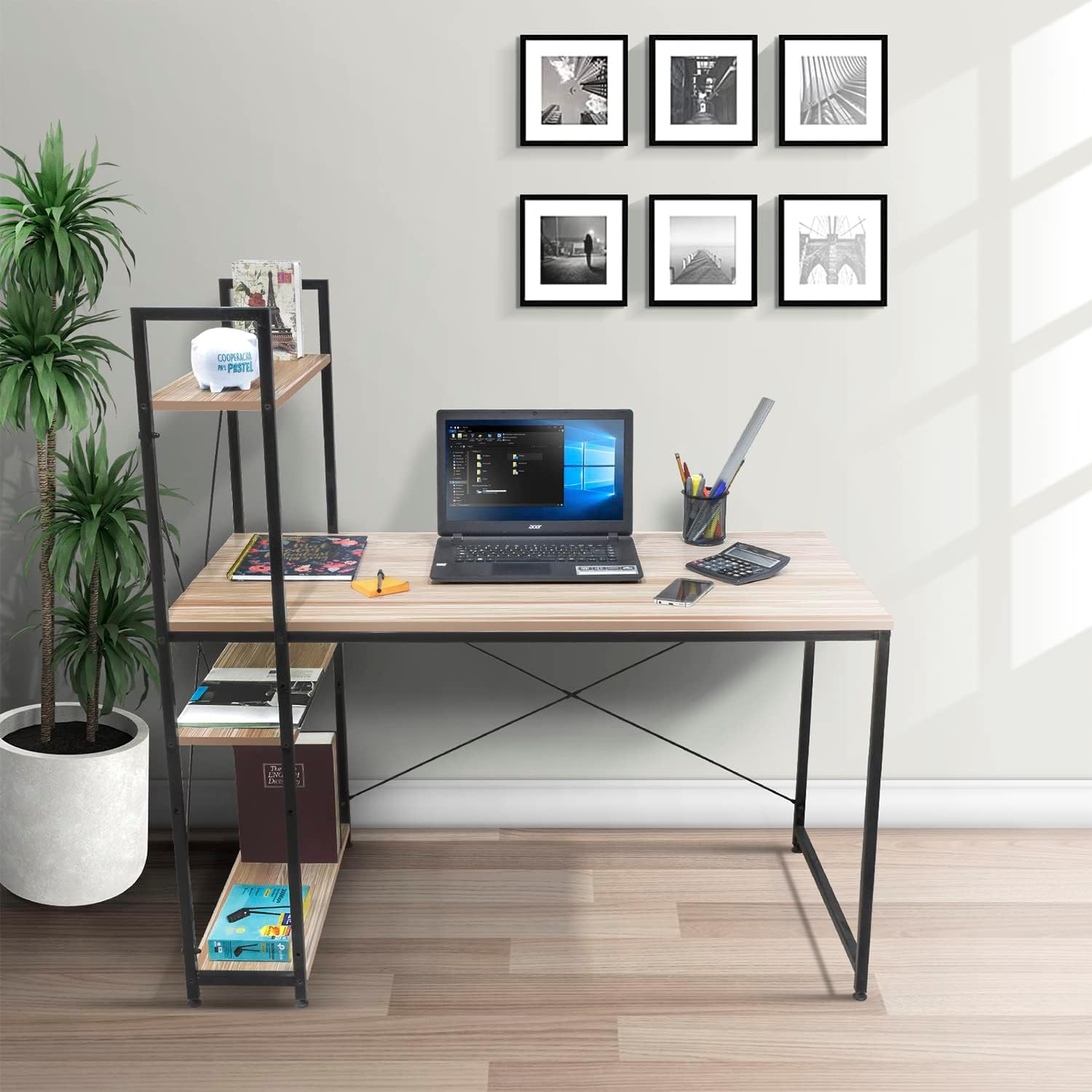 Escritorio para Computadora, Diseño Minimalista Moderno, Ideal para Oficina, Home Office, Estructura Resistente de Metal, con Repisas, Color Café