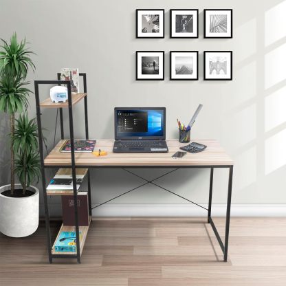 Escritorio para Computadora, Diseño Minimalista Moderno, Ideal para Oficina, Home Office, Estructura Resistente de Metal, con Repisas, Color Café