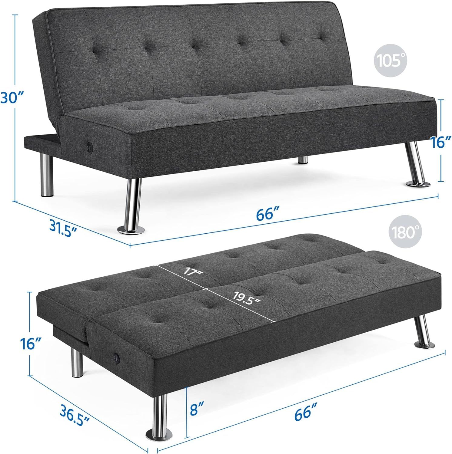 Yaheetech - Sofá Cama Convertible Moderno con 2 Puertos de Carga USB Integrados de Tela, Patas de Metal, 3 ángulos Ajustables para una Vida compacta, Departamento, recámara, habitación Extra Gris