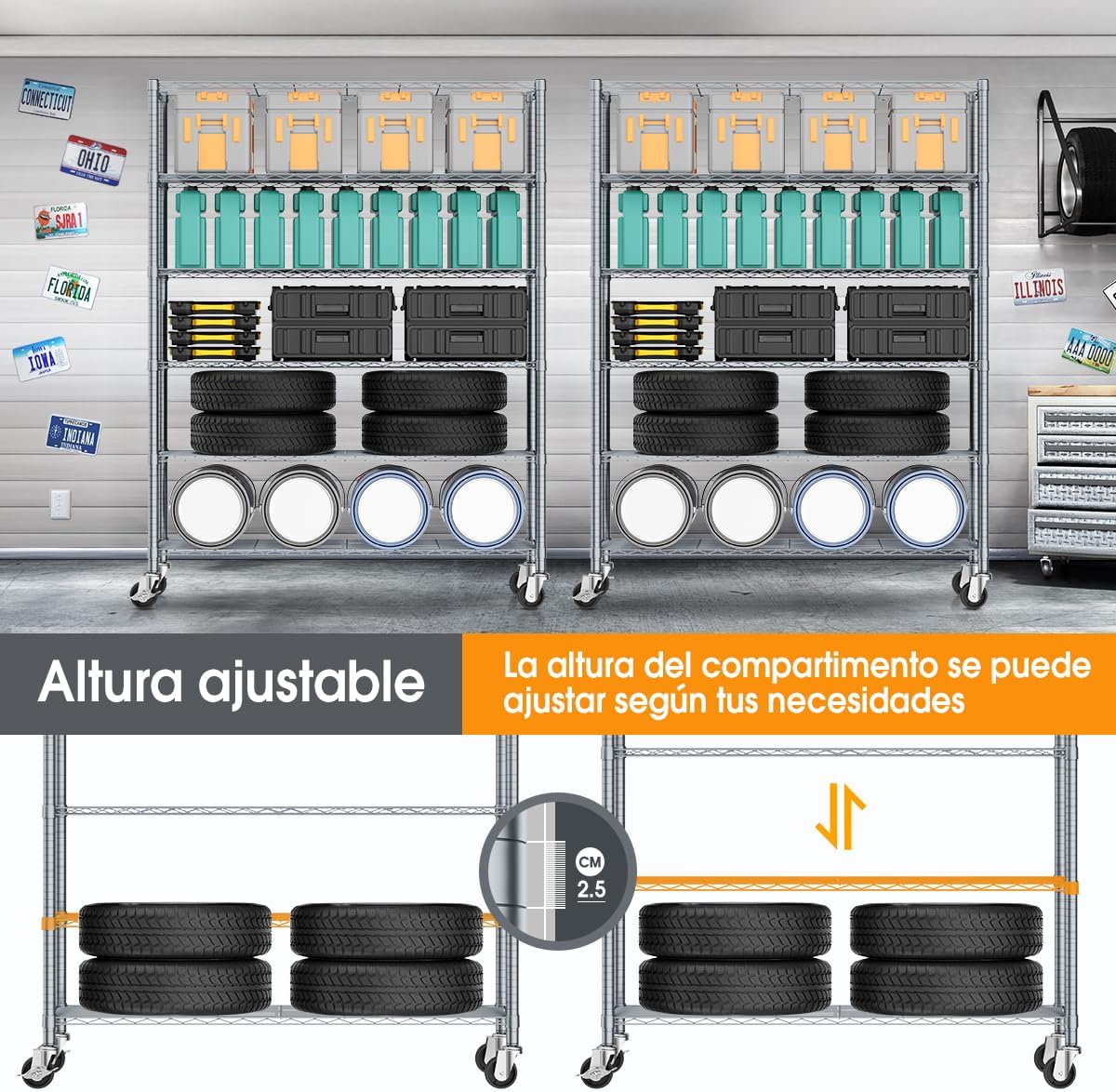 MXLENOBLE Estante de 5 repisas, Estantería de Almacenamiento Ajustable de estantes, Resistente en Ruedas de 4 Pulgadas, Estante Organizador de Metal, Cromado (IC085-B)
