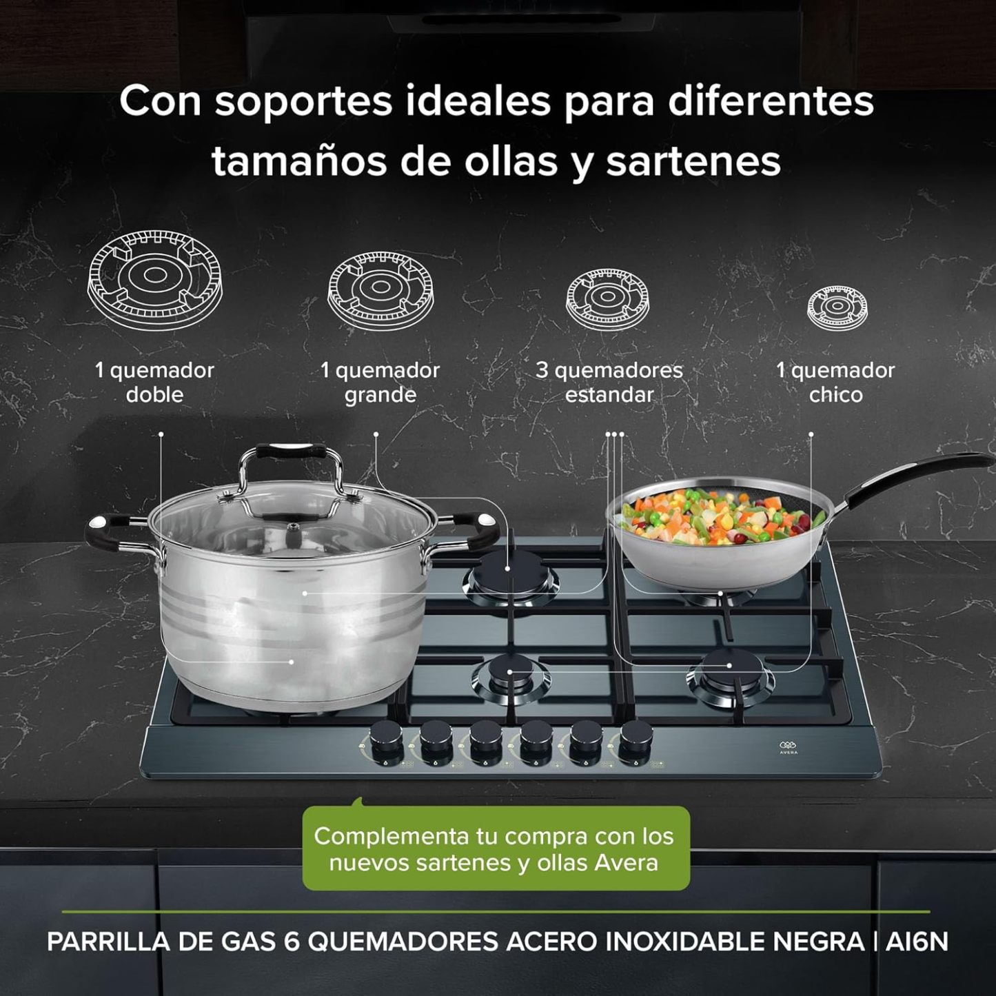 AVERA Parrilla de Gas 6 Quemadores 86cm, Acero Inoxidable Color Negro, Empotrable, Soportes de Hierro Fundido, Encendido Electronico, Estufa Empotrable, Compatible con Gas LP y Gas Natural, AI6N