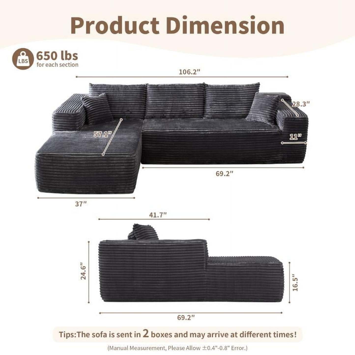 【2 Packages Shipping】Ovios 104" Plush Corduroy Cloud Velvet Modular Couch with Chaise, No Assembly Required - L-Shaped Sectional Sofa Set with Flexible Configuration - 104"W x 67.7"D x 30"H, 3 Seater