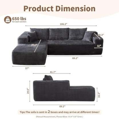 【2 Packages Shipping】Ovios 104" Plush Corduroy Cloud Velvet Modular Couch with Chaise, No Assembly Required - L-Shaped Sectional Sofa Set with Flexible Configuration - 104"W x 67.7"D x 30"H, 3 Seater