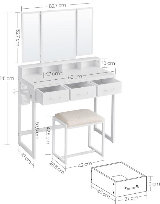 Juego de Mesa de Maquillaje con Espejo Triple, Tocador con Espejo y Taburete, 3 Cajones, Escritorio de Maquillaje, Soporte para Secador, Industrial, Marrón Rústico y Negro RVT004B01