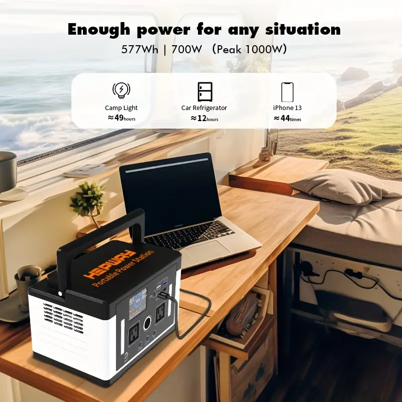 Estación de energía portátil Eurler P700 700W con capacidad de 577Wh para camping al aire libre y emergencias, todo en uno. Almacenamiento de energía solar con batería LiFePO4. Salida de CA 120V 60Hz 700W.