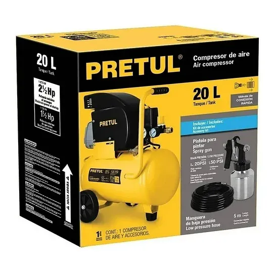 Paquete Compresor 20 Lt, Manguera Y Pistola Pretul 24357 Pretul COMP-K