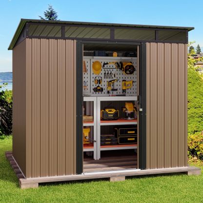 Gizoon - Cobertizo de almacenamiento para exteriores de metal de 6 x 4 pies, cobertizo de jardín con puertas correderas con cerradura, versátil cobertizo para bicicletas con ventanas de panel