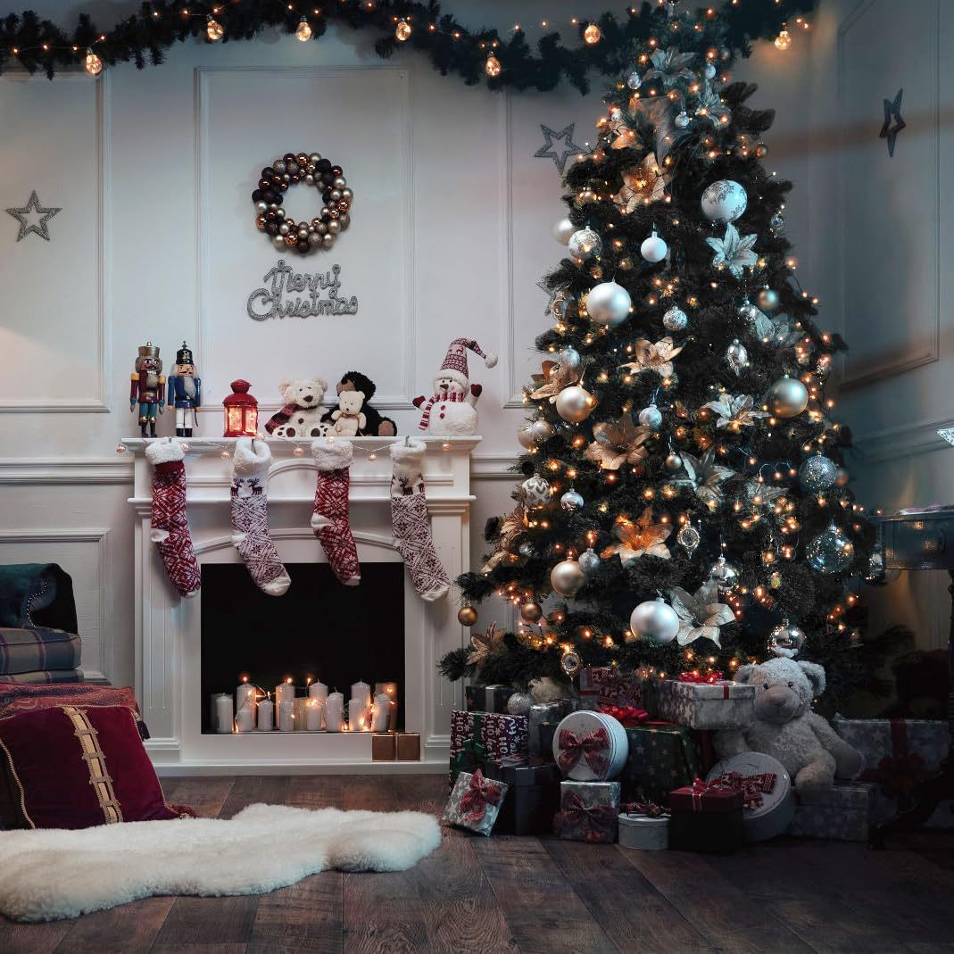 KTKDE Árbol de Navidad artificial de abeto de 7 pies, árbol de Navidad verde realista con 1.450 puntas de árbol, 300 postes de luz LED alimentados por pilas, pentáculo dorado de 7.8 pulgadas, perfecto