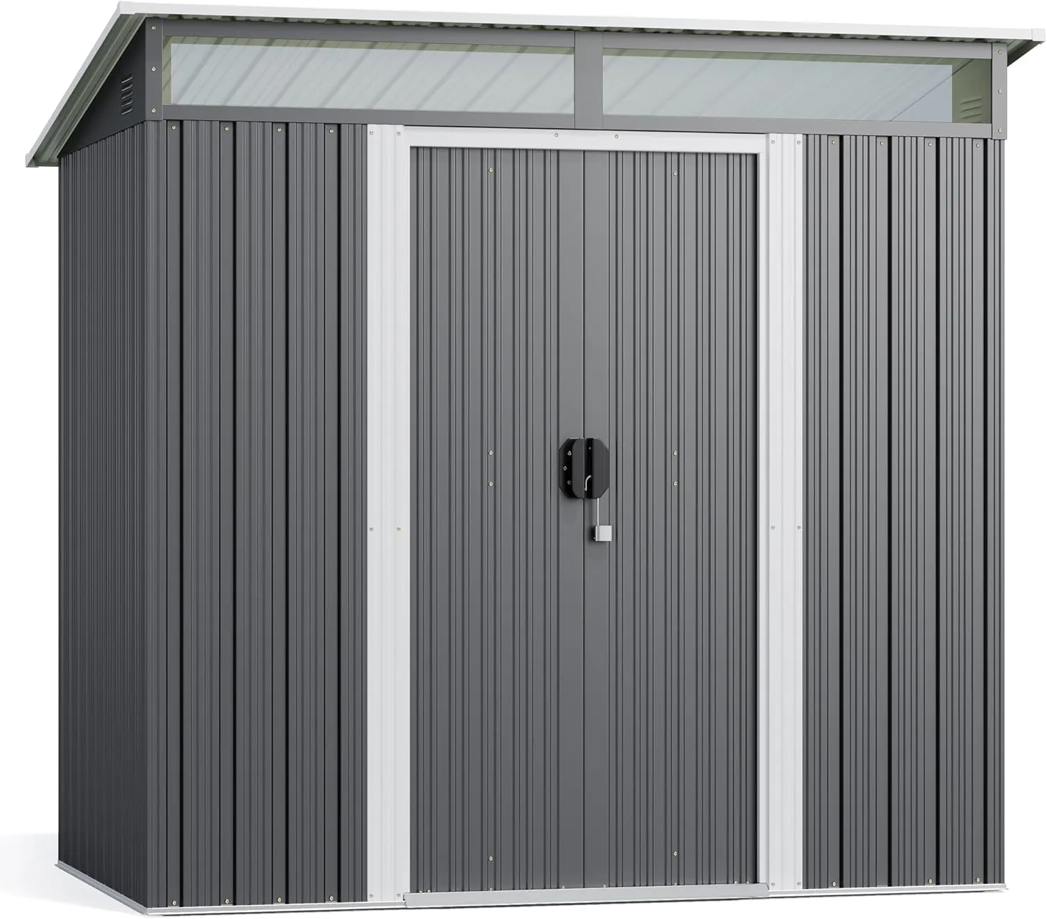 Gizoon - Cobertizo de almacenamiento para exteriores de metal de 6 x 4 pies, cobertizo de jardín con puertas correderas con cerradura, versátil cobertizo para bicicletas con ventanas de panel