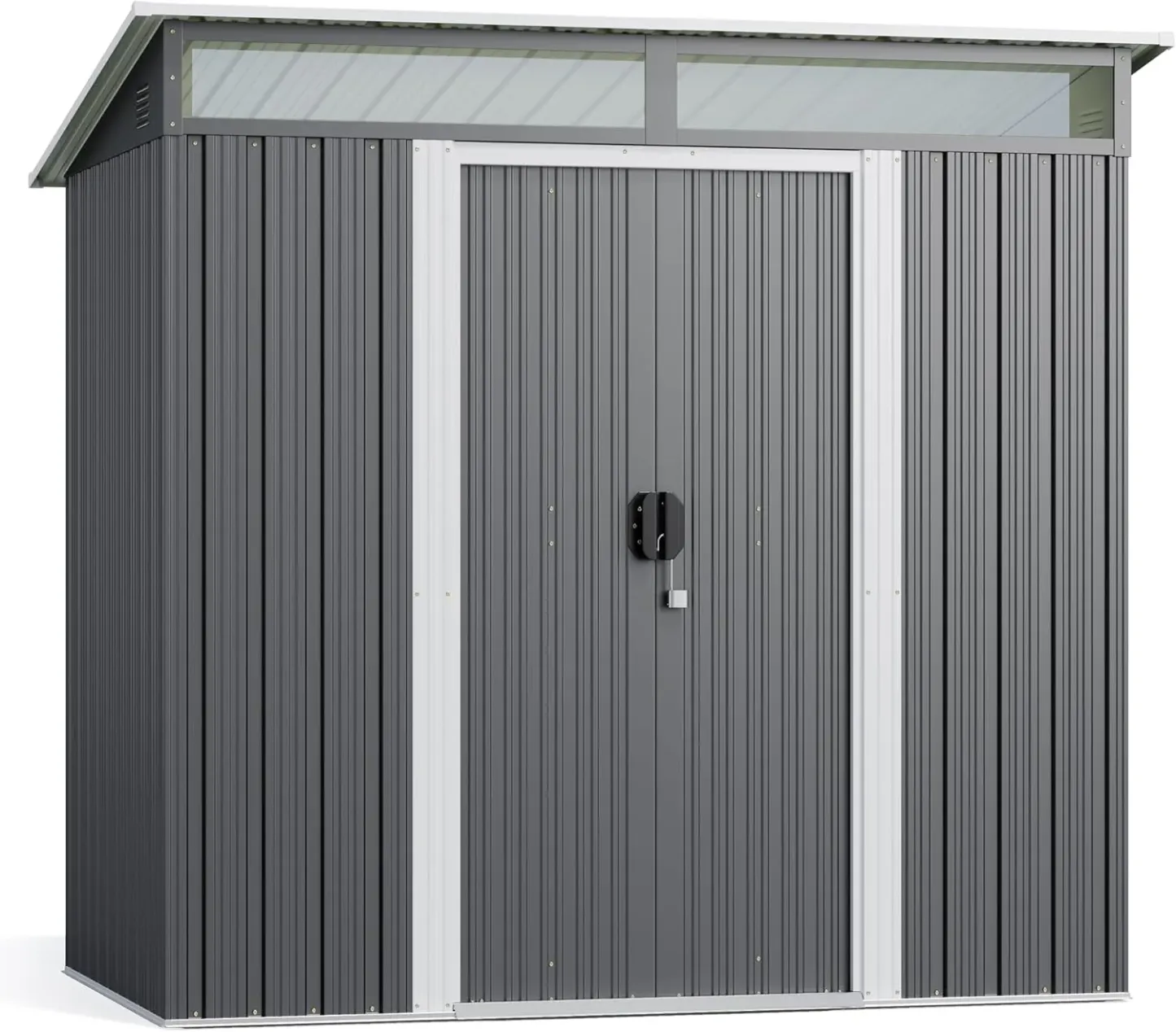 Gizoon - Cobertizo de almacenamiento para exteriores de metal de 6 x 4 pies, cobertizo de jardín con puertas correderas con cerradura, versátil cobertizo para bicicletas con ventanas de panel