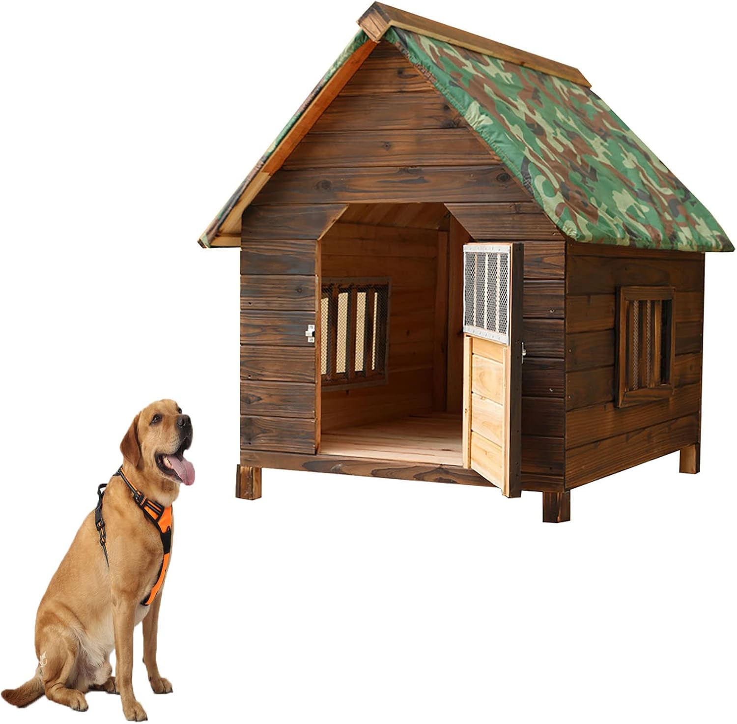 Casa grande de madera para perros al aire libre, resistente al viento y a la lluvia, con puertas y ventanas, cubierta de camuflaje para lluvia, tamaño: 56 x 45 x 48 cm