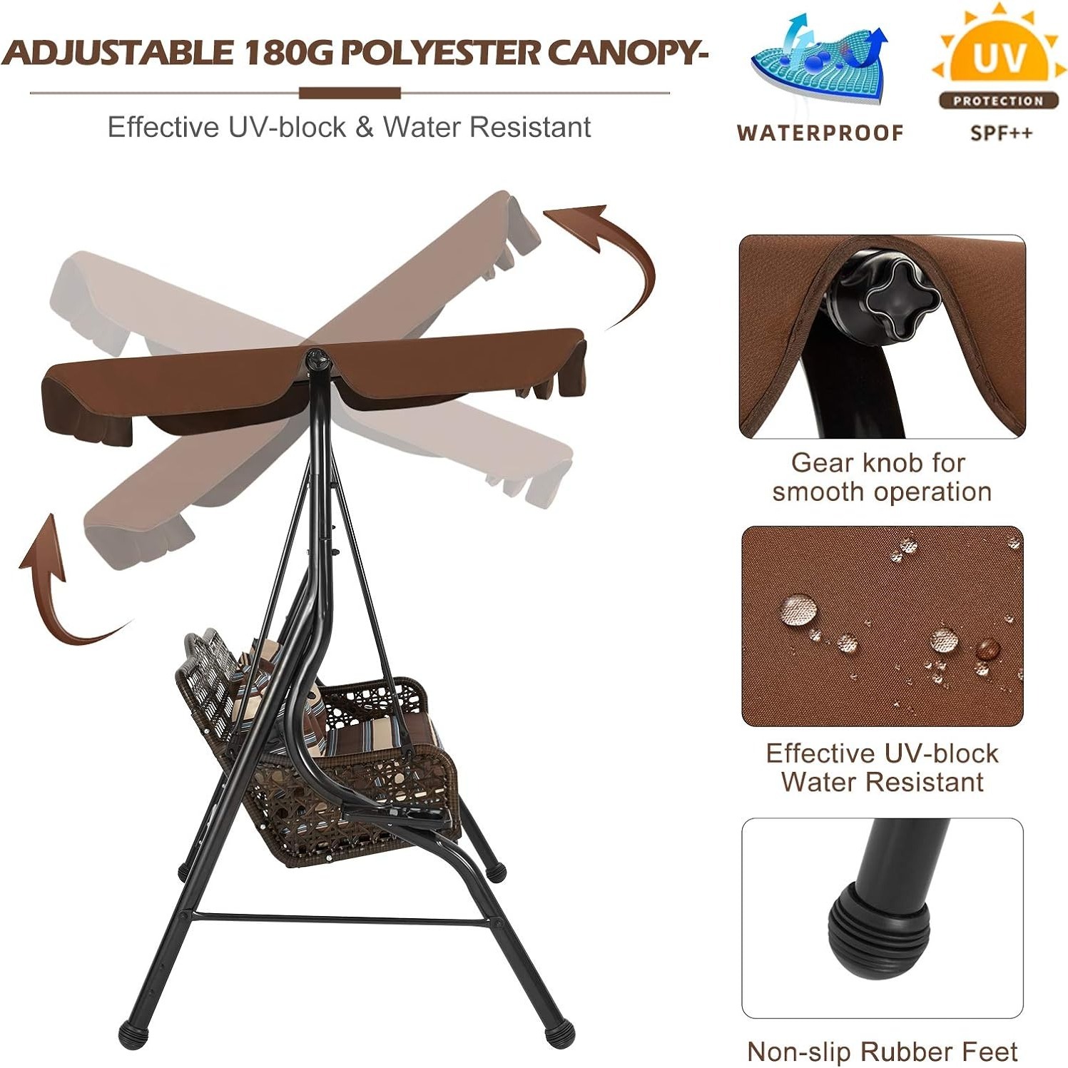 AECOJOY Columpio de mimbre de 3 asientos, columpio de patio con dosel, 2 bandejas laterales, 3 almohadas y cojín extraíble, columpio de mimbre para patio con soporte columpios al aire libre para adultos, balcón, jardín, terraza (ratán marrón)