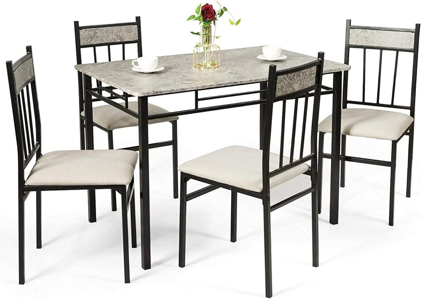 Tangkula 5 Piece Kitchen Dining Table Set, Modern Table and Chairs Set Include 1 Rectangular Table and Four High-Back Chairs, Metal Frame & Padded Seat, Faux Marble Table Top (Grey)