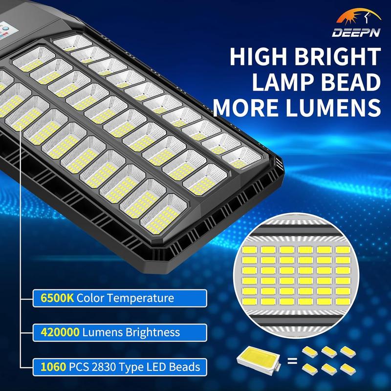 Farola solar con 750 LED, resistente al agua IP66, lámpara LED para exteriores con sensor de movimiento y control remoto, iluminación para jardines y patios (encendido automático al anochecer).