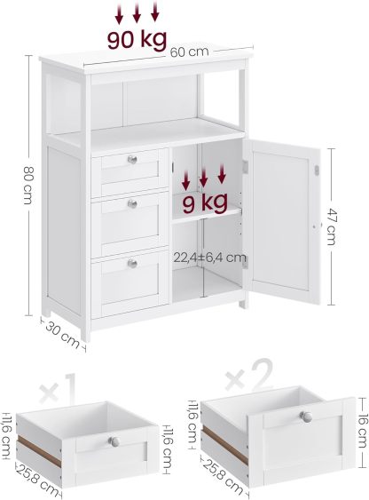 VASAGLE UBBC542P31V1 - clóset de Almacenamiento de baño no Empotrado con 3 cajones, Estante Ajustable, 11.8 x 23.6 x 31.5 Pulgadas, Color Blanco