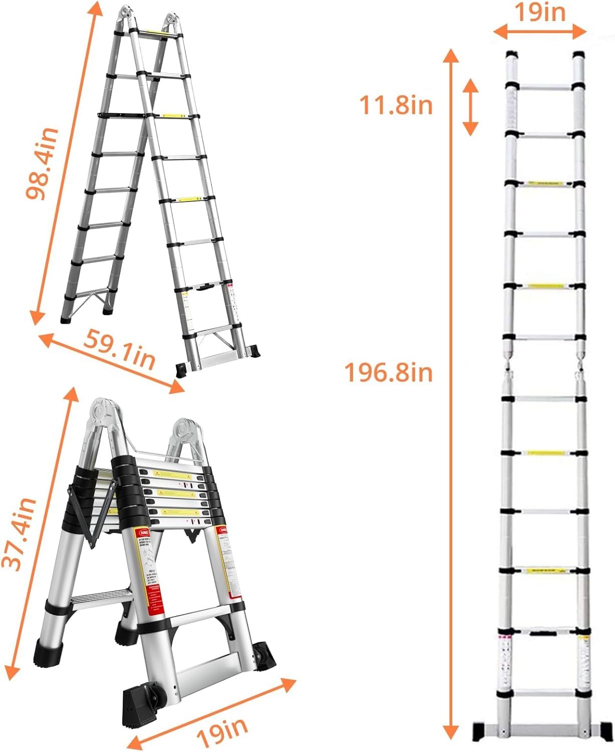 EvaStar - Escalera telescópica con marco A, escaleras telescópicas de aluminio ligeras con estabilizadores triangulares, barra estabilizadora y ruedas, escalera de extensión de capacidad de 350 libras