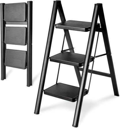 Escalera plegable de 5 peldaños de carga de 350 libras para el hogar/interior, escalera alta de cocina/clóset para adultos, escalera ligera compacta con pedal ancho antideslizante, color
