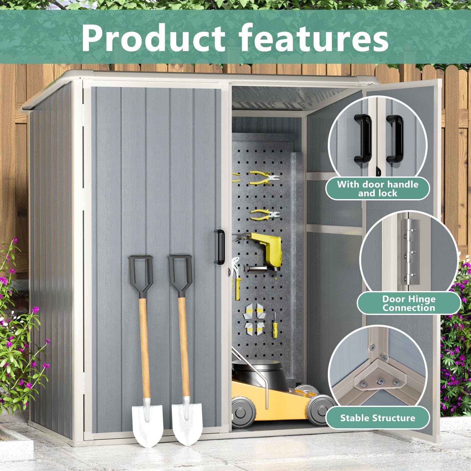 Aoxun - Cobertizo de almacenamiento para exteriores de 5 x 3 pies, cobertizo de resina con piso y puerta con cerradura, cobertizos de plástico para bote de basura, herramienta, accesorios, césped