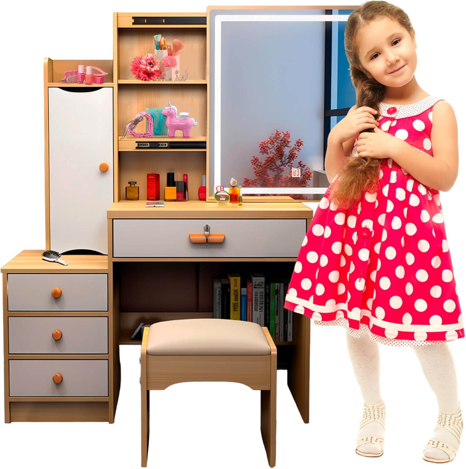Bluelander Tocador De Niña, Tocador Vanity, Tocador para Niña, Vanity Tocador Hollywood, Tocador de Maquillaje con 4 Cajones, Estantes Ocultos, Incluye Taburete Acolchado, Espejo Led (Gris Claro)