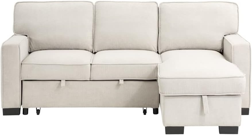 Lilola Home Estelle - Cama Reversible de Tela Beige de 86 Pulgadas, con Mesa desplegable de Almacenamiento para tumbonas, 2 portavasos y 2 Puertos USB