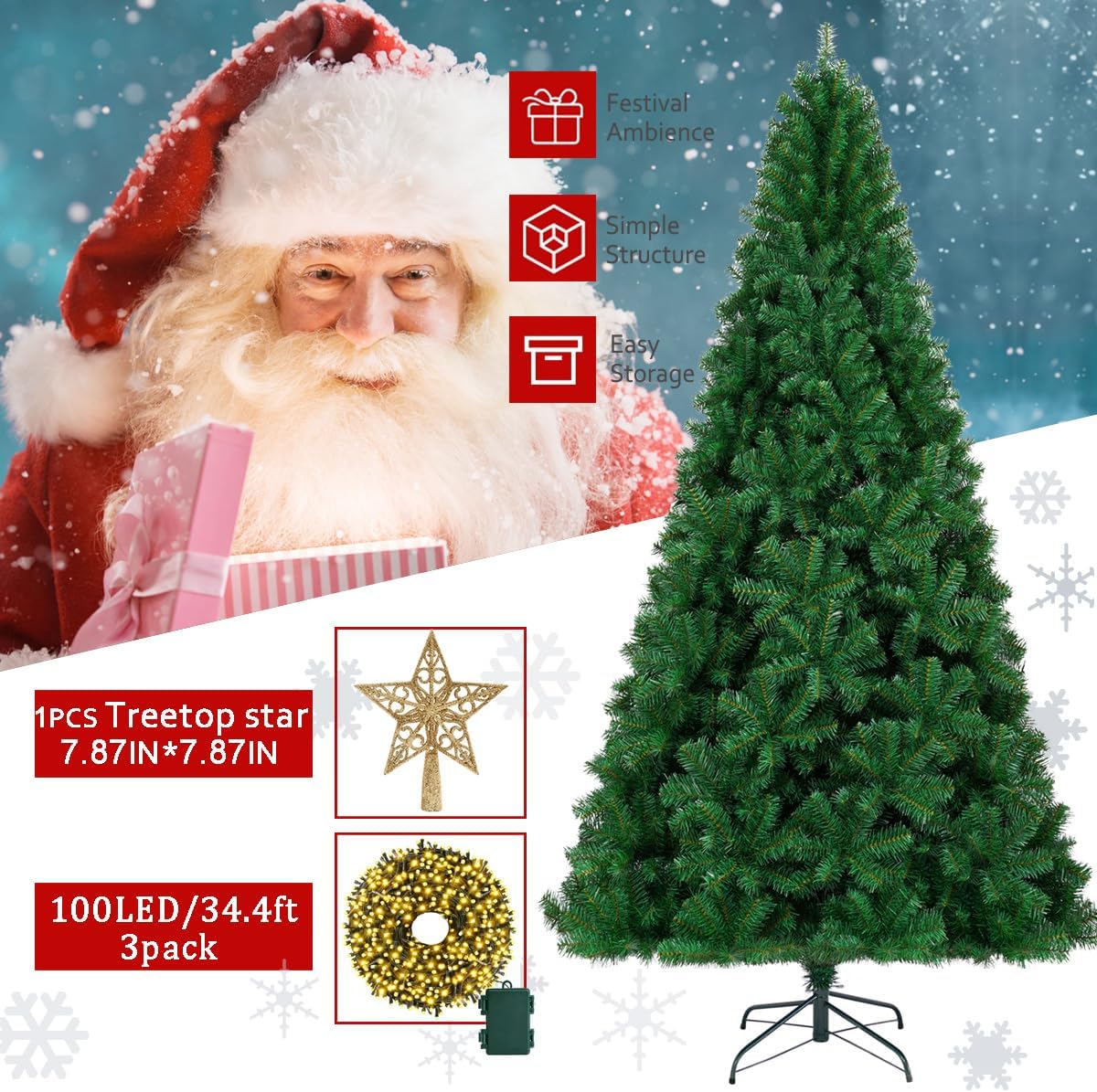 KTKDE Árbol de Navidad artificial de abeto de 7 pies, árbol de Navidad verde realista con 1.450 puntas de árbol, 300 postes de luz LED alimentados por pilas, pentáculo dorado de 7.8 pulgadas, perfecto