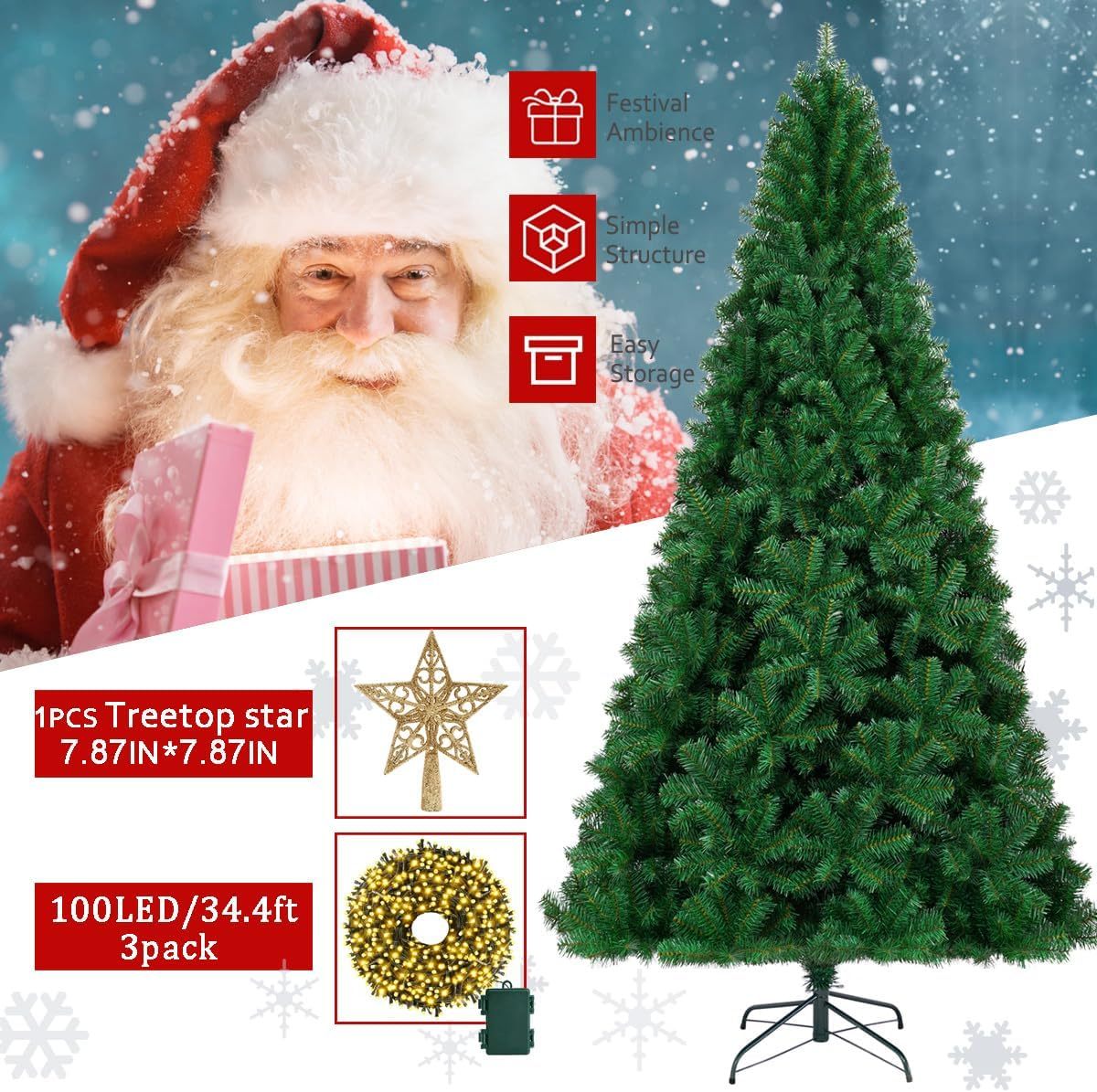 KTKDE Árbol de Navidad artificial de abeto de 7 pies, árbol de Navidad verde realista con 1.450 puntas de árbol, 300 postes de luz LED alimentados por pilas, pentáculo dorado de 7.8 pulgadas, perfecto