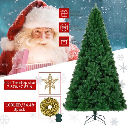 KTKDE Árbol de Navidad artificial de abeto de 7 pies, árbol de Navidad verde realista con 1.450 puntas de árbol, 300 postes de luz LED alimentados por pilas, pentáculo dorado de 7.8 pulgadas, perfecto