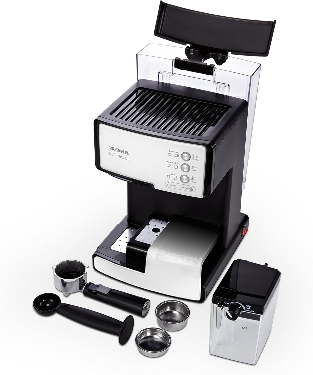Mr. Coffee Cafe Barista Cafetera eléctrica para espresso con espumador de leche automático, BVMC-Ecm.P1000, Sin muestra gratis, Acero inoxidable, 1