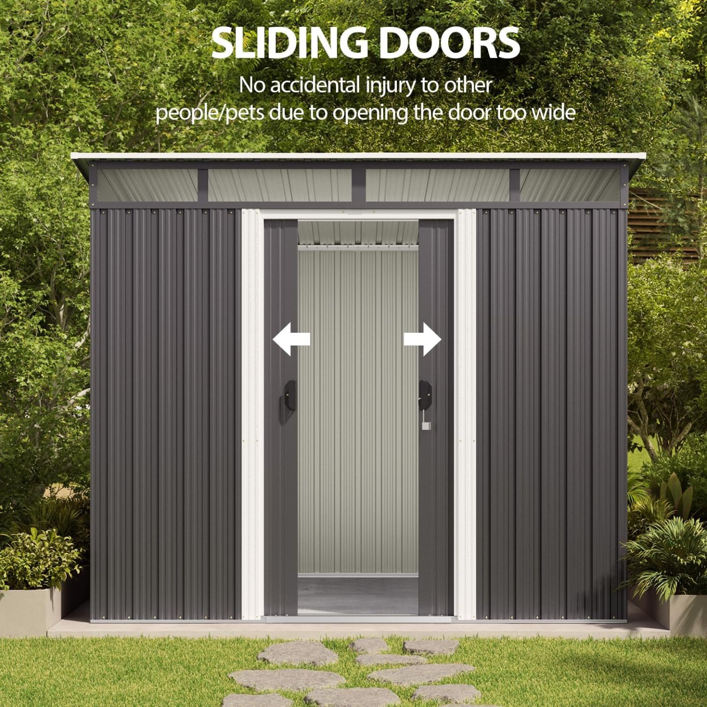 Gizoon - Cobertizo de almacenamiento para exteriores de metal de 6 x 4 pies, cobertizo de jardín con puertas correderas con cerradura, versátil cobertizo para bicicletas con ventanas de panel