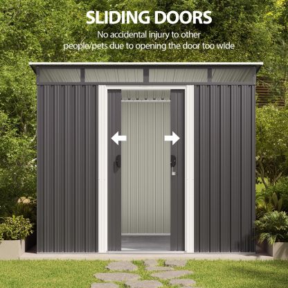 Gizoon - Cobertizo de almacenamiento para exteriores de metal de 6 x 4 pies, cobertizo de jardín con puertas correderas con cerradura, versátil cobertizo para bicicletas con ventanas de panel