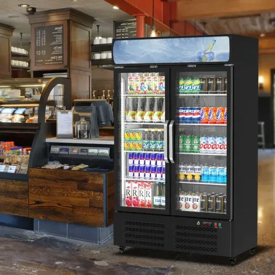 Refrigerador comercial para bebidas HUFY de 26.2 pies cúbicos con 2 puertas de vidrio, enfriador vertical para bebidas con iluminación LED, estantes ajustables y organizadores de bebidas, enfriamiento de 32 a 50