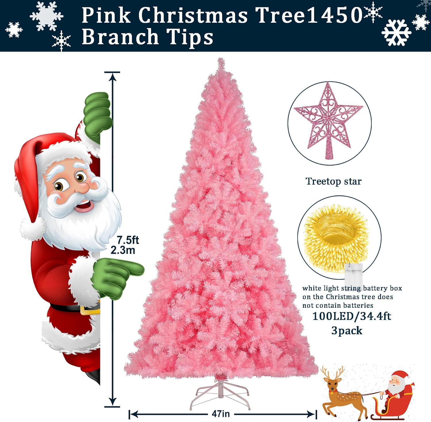 KTKDE Árbol de Navidad artificial de abeto de 7 pies, árbol de Navidad verde realista con 1.450 puntas de árbol, 300 postes de luz LED alimentados por pilas, pentáculo dorado de 7.8 pulgadas, perfecto
