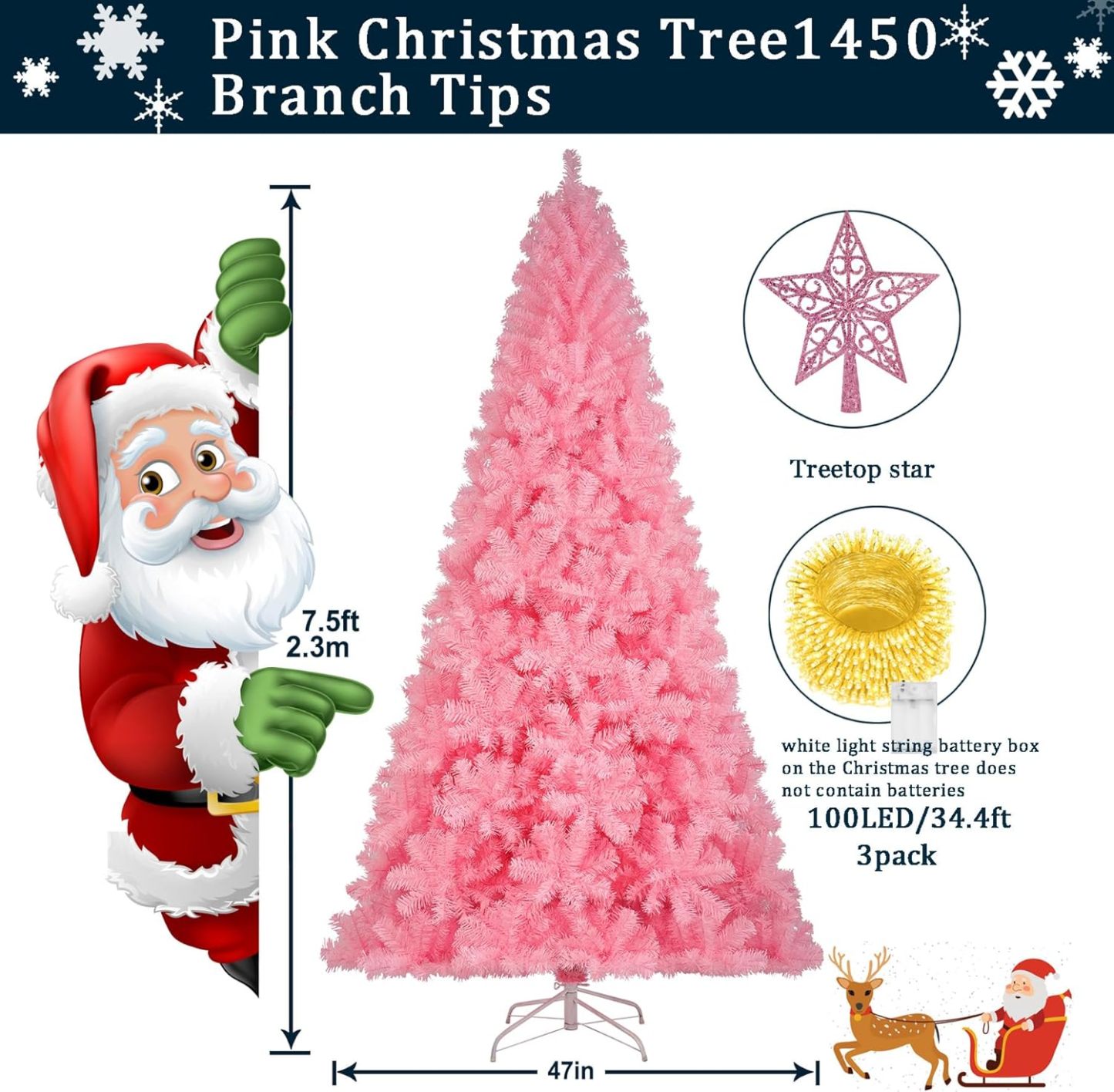KTKDE Árbol de Navidad artificial de abeto de 7 pies, árbol de Navidad verde realista con 1.450 puntas de árbol, 300 postes de luz LED alimentados por pilas, pentáculo dorado de 7.8 pulgadas, perfecto